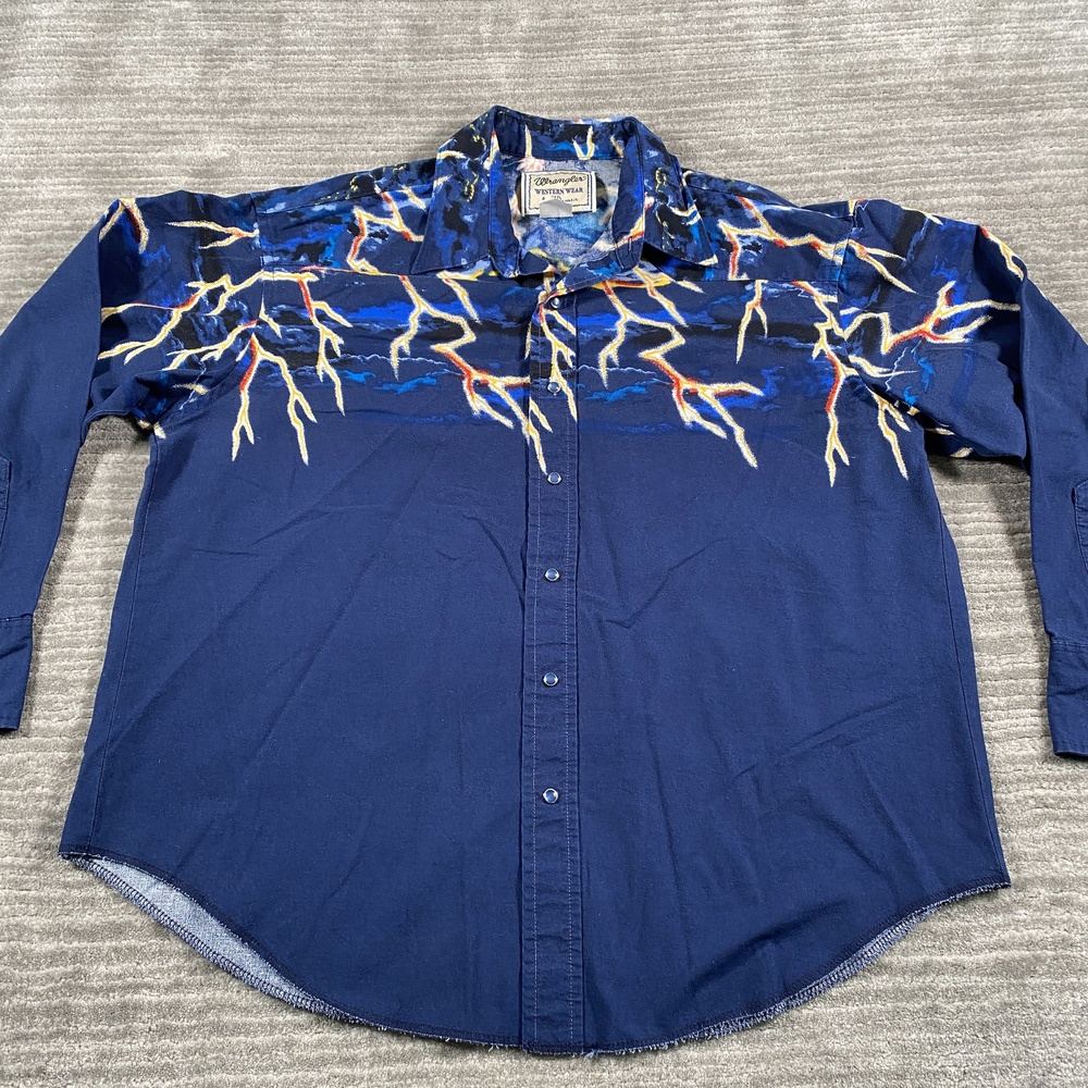 VTG Wrangler Shirt Womens 2XL Blue Lightning Western Cowboy Snap Long Sleeve